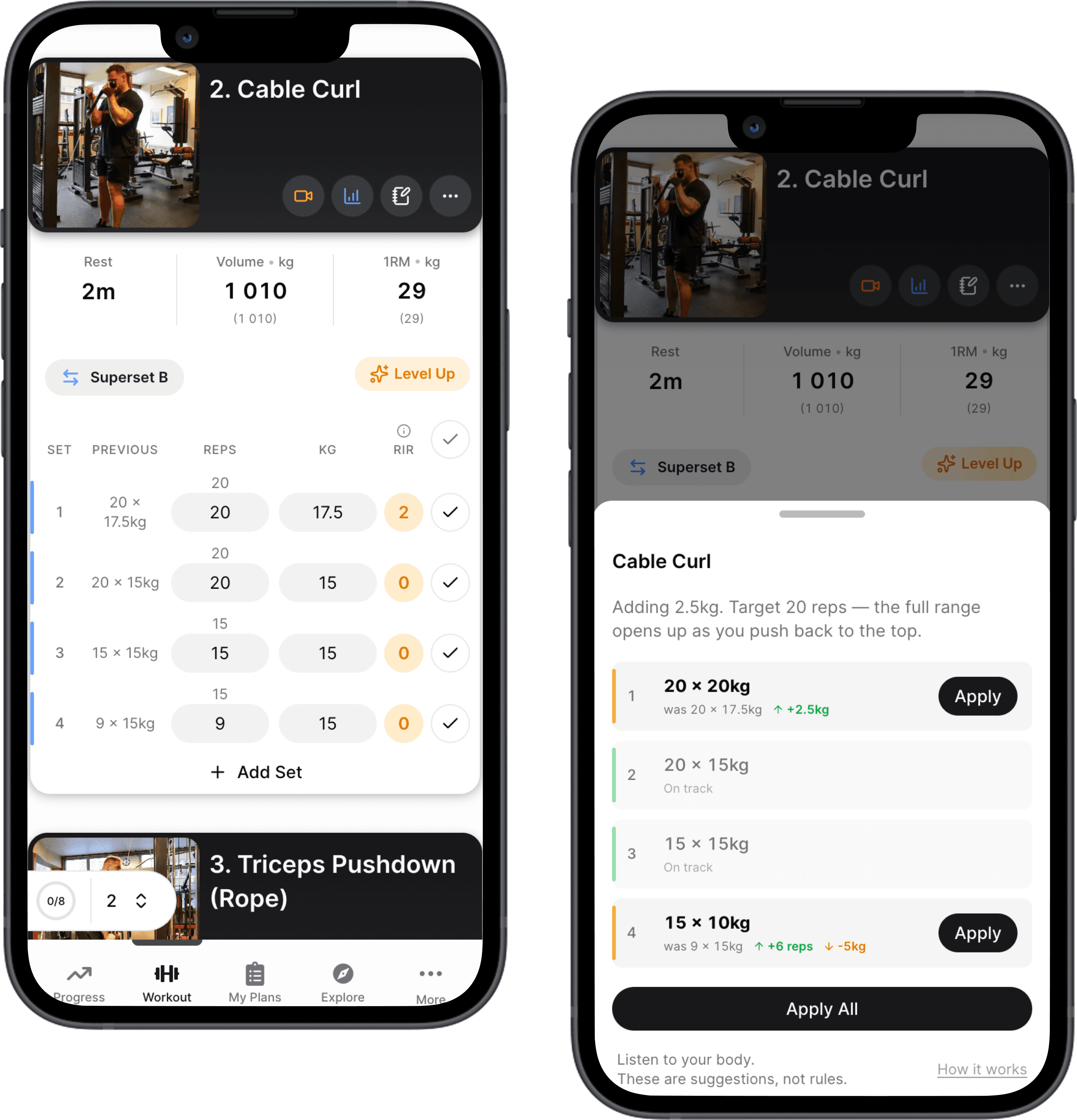 Smart Progression showing weight and rep targets per set
